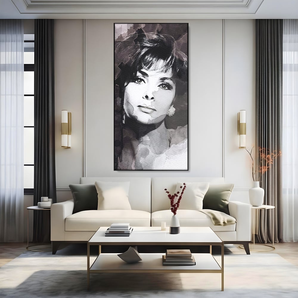 Tablou canvas cu tablou canvas cu portretul actritei sophia loren, in rama de aluminiu negru, pe perete intr-un living